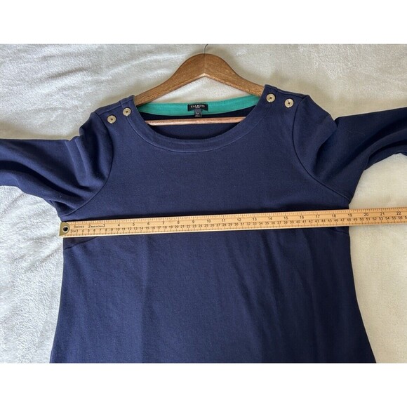 Talbots Dress Petite Large Navy Pleated Cuff Ruffle Gold Buttons Career Preppy - Picture 10 of 13